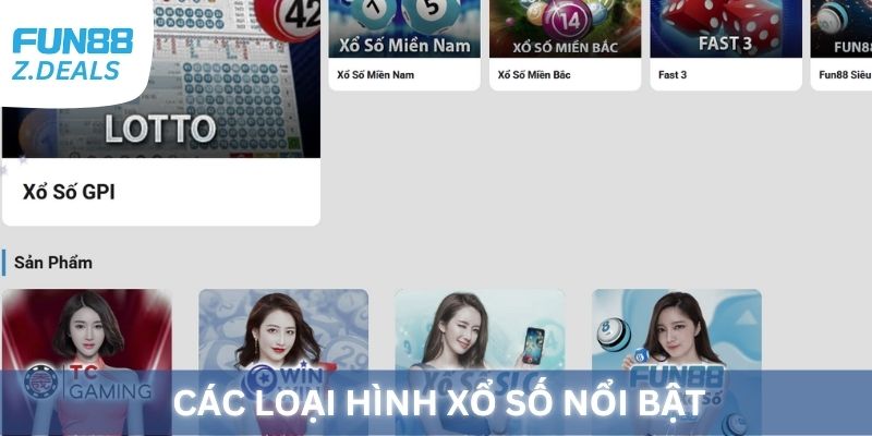Giao diện xổ số fun88 với các loại hình xổ số nổi bật